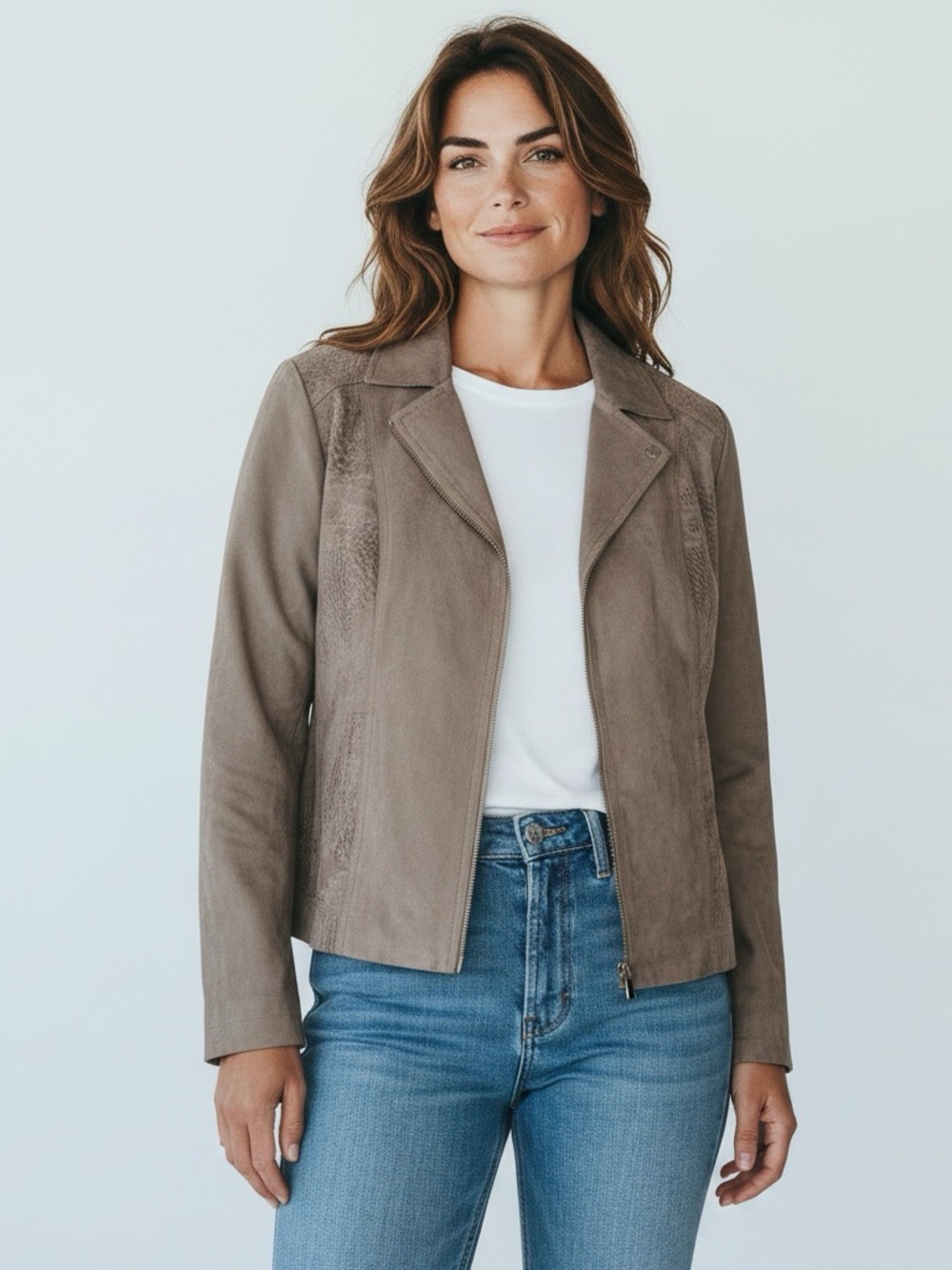 Studio Works Petite Taupe Faux Suede Snake Print Zip Jacket Blazer - Picture 1 of 7